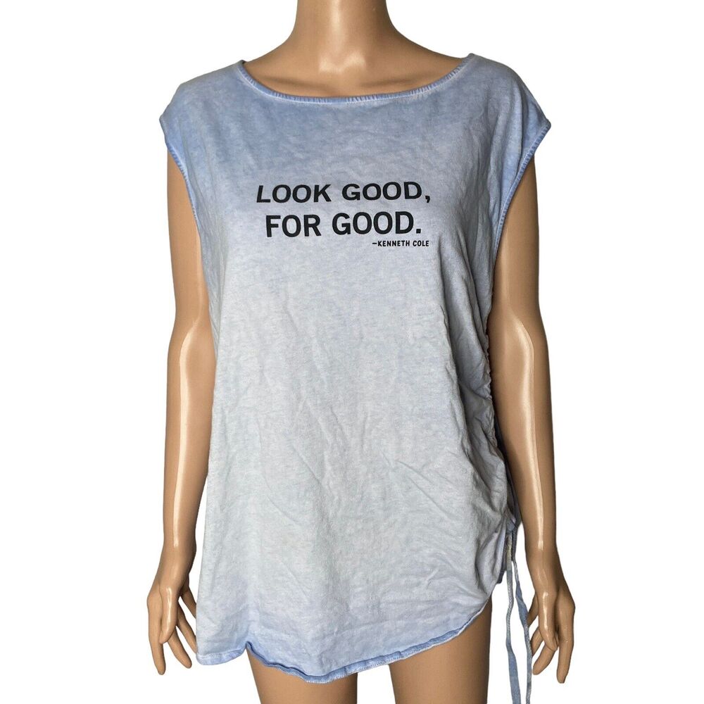 Kenneth Cole Tshirt Womens XL Look Good For Good Spellout Blue Sleeveless
